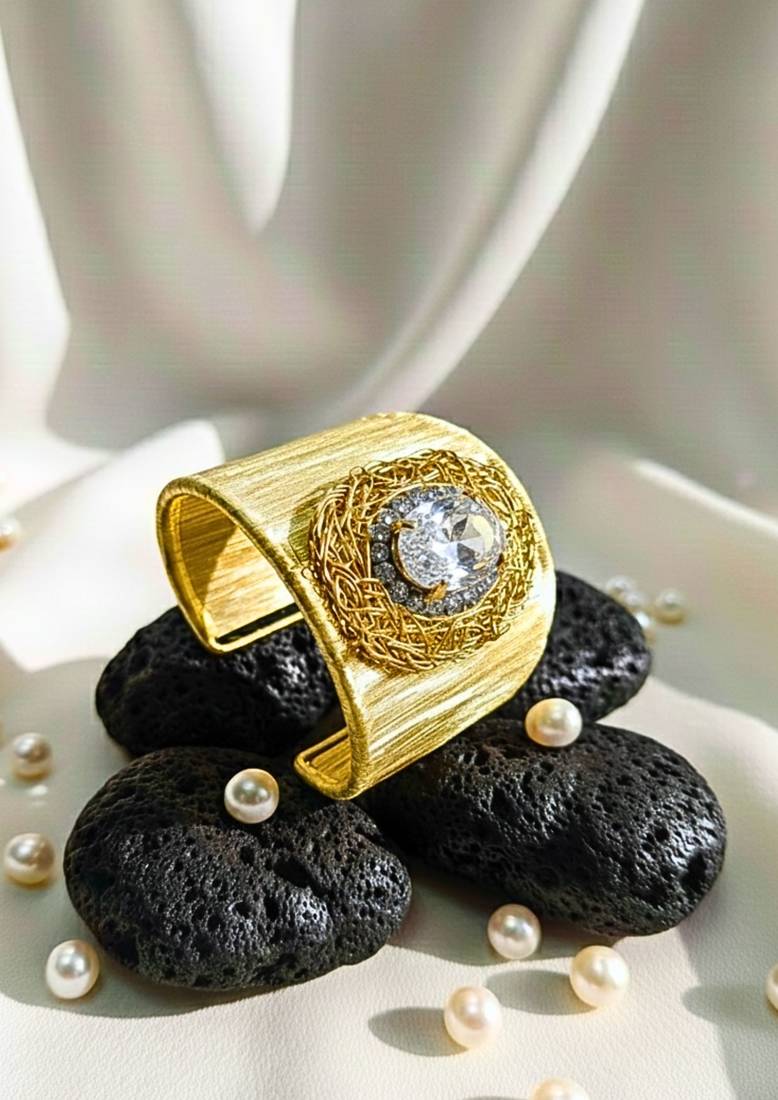 combo of two white crystal cz ad stone floral cuff bangle bracelets