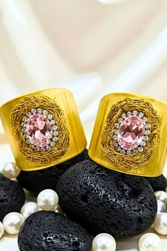 combo of two pink crystal cz ad stone floral cuff bangle bracelets