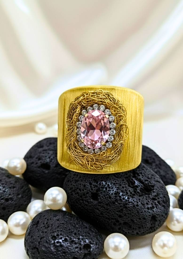 pink crystal cz  ad stone fancy floral cuff bangle bracelet