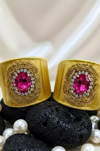 combo of two hot pink crystal cz ad stone western cuff bangle bracelets