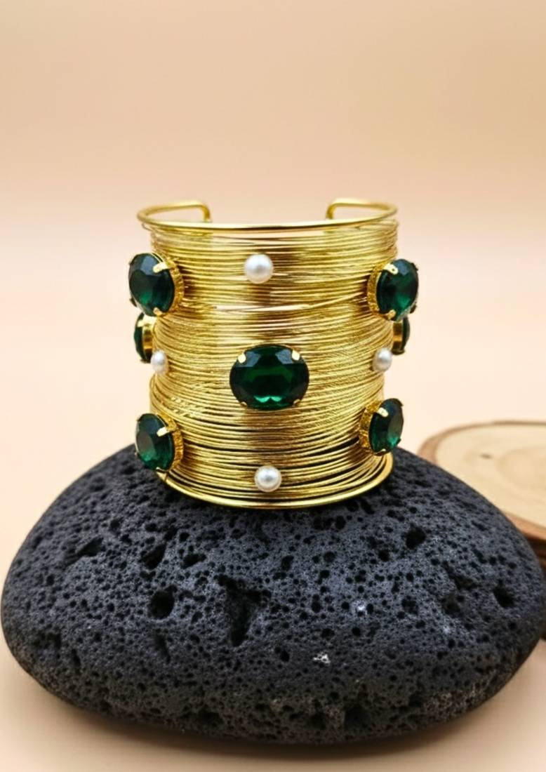 green crystal cz pearls stone fancy western cuff bangle bracelet