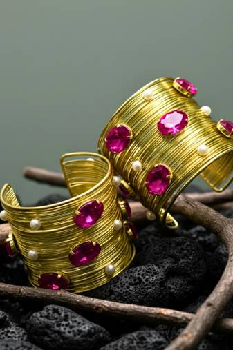 combo of two hot pink crystal cz pearls stone western cuff bangle bracelets