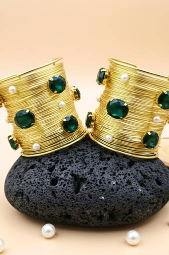 combo of two green crystal cz pearls stone western cuff bangle bracelets