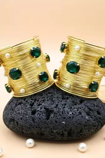 combo of two green crystal cz pearls stone western cuff bangle bracelets