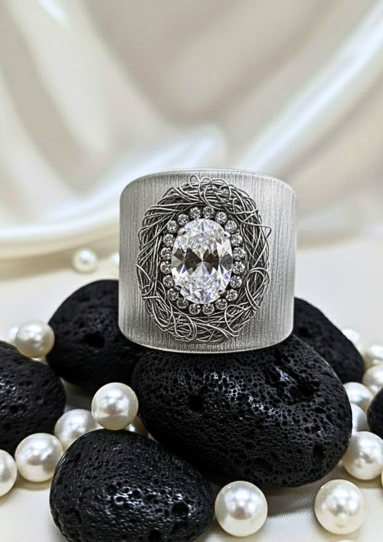 white crystal cz  ad stone fancy floral cuff bangle bracelet