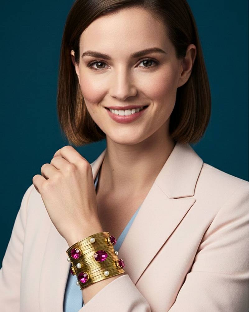 combo of two hot pink crystal cz pearls stone western cuff bangle bracelets