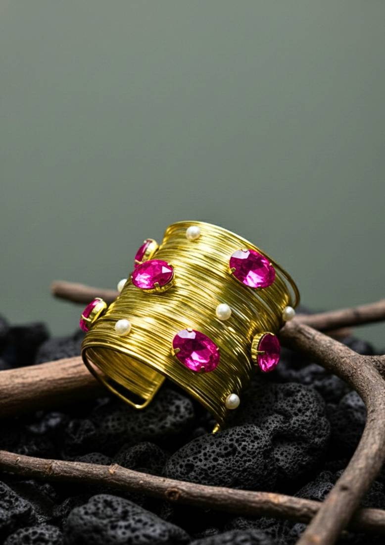 combo of two hot pink crystal cz pearls stone western cuff bangle bracelets