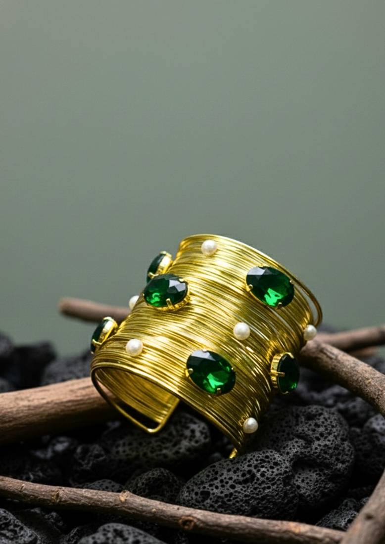 combo of two green crystal cz pearls stone western cuff bangle bracelets