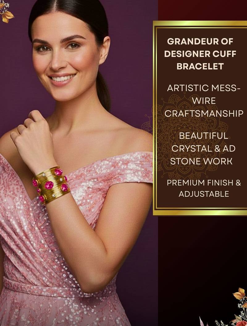 combo of two hot pink crystal cz pearls stone western cuff bangle bracelets