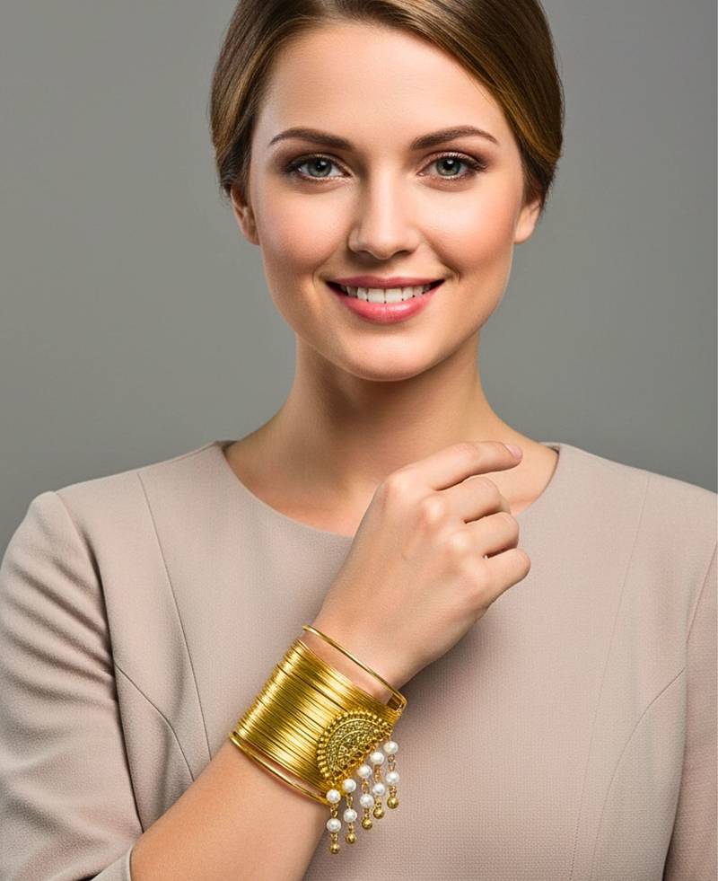 combo of two gold & silver-plated pearl hanging balls  adjustable cuff bracelets