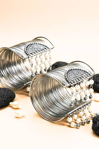 combo of two silver oxidized-plated pearl stylish hanging balls  adjustable cuff bracelets