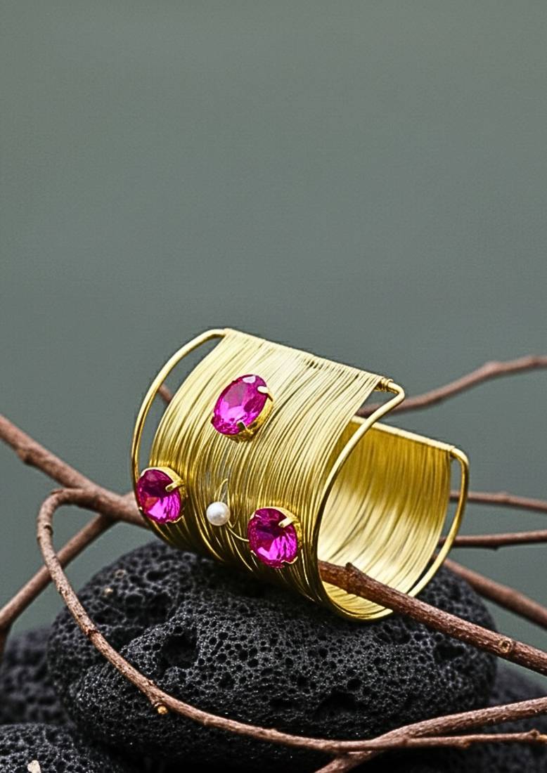 combo of two hot pink crystal cz pearls stone western cuff bangle bracelets