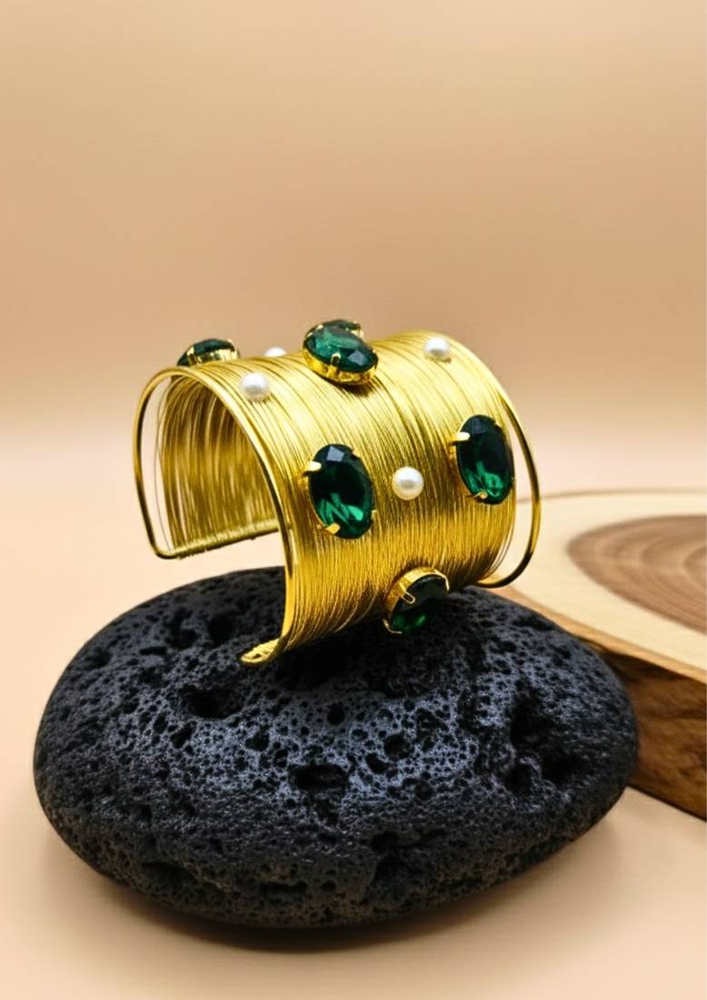 combo of two green crystal cz pearls stone western cuff bangle bracelets