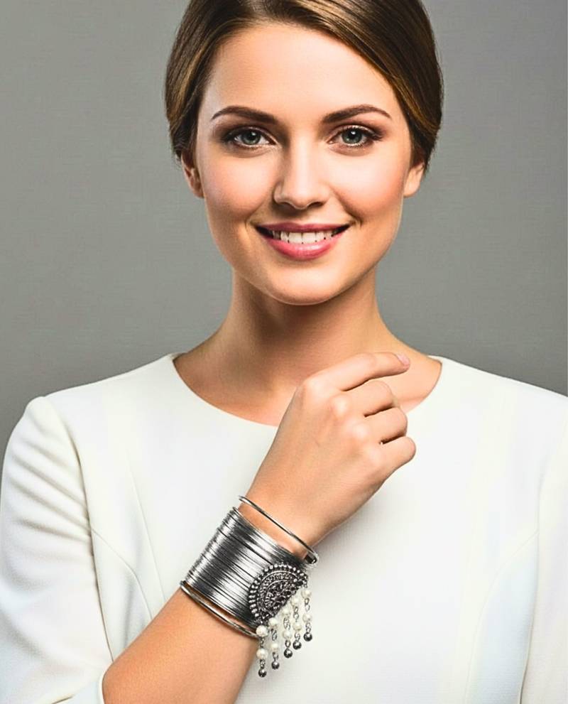 combo of two silver oxidized-plated pearl stylish hanging balls  adjustable cuff bracelets