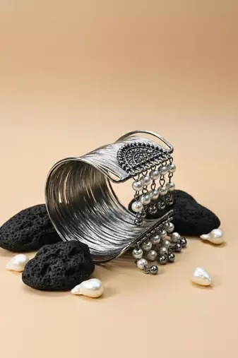 silver oxidized-plated fancy stylish pearl hanging balls daily wear  adjustable cuff bracelet