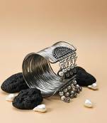 silver oxidized-plated fancy stylish pearl hanging balls daily wear  adjustable cuff bracelet