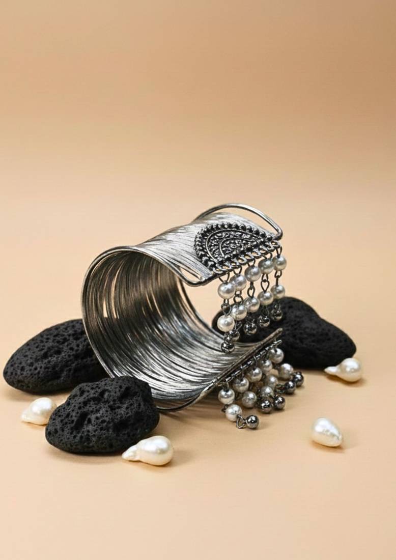 silver oxidized-plated fancy stylish pearl hanging balls daily wear  adjustable cuff bracelet