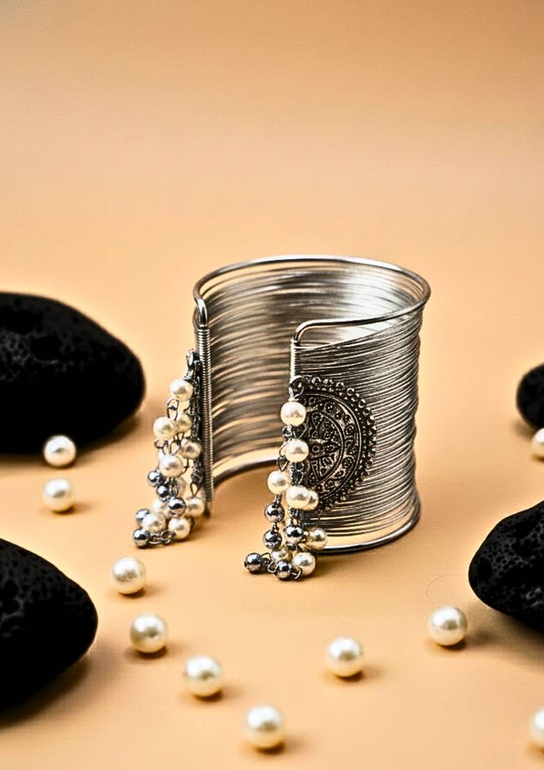 combo of two silver oxidized-plated pearl stylish hanging balls  adjustable cuff bracelets