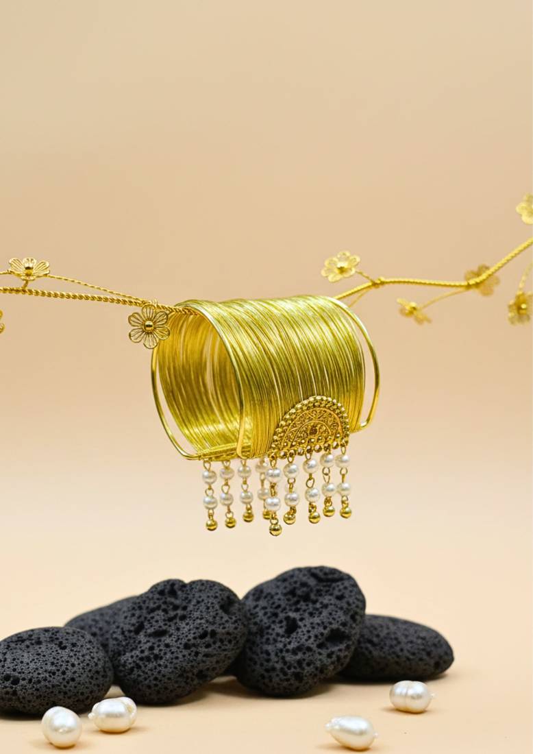 combo of two gold & silver-plated pearl hanging balls  adjustable cuff bracelets