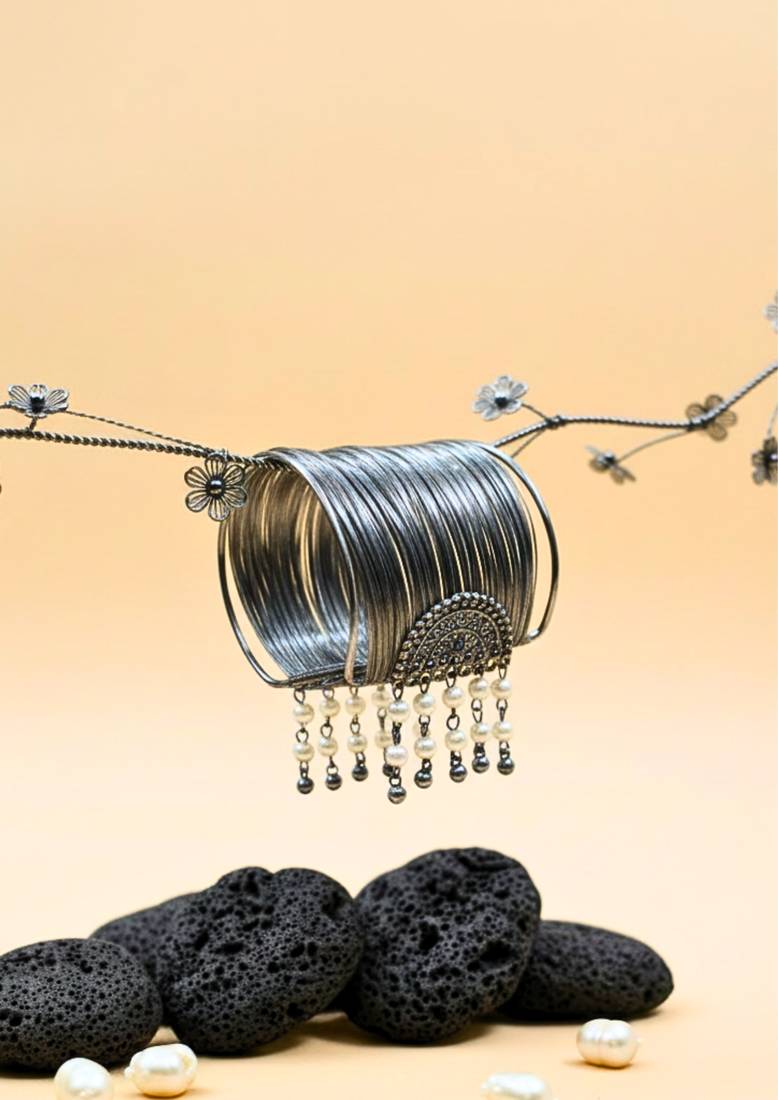 combo of two silver oxidized-plated pearl stylish hanging balls  adjustable cuff bracelets