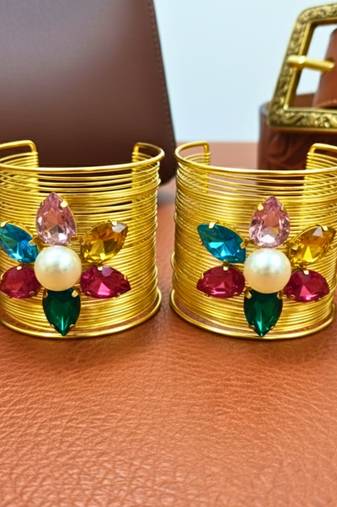 combo of two multi crystal cz ad stone floral cuff bangle bracelets
