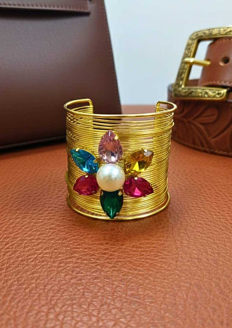 multi crystal cz  ad stone fancy floral cuff bangle bracelet