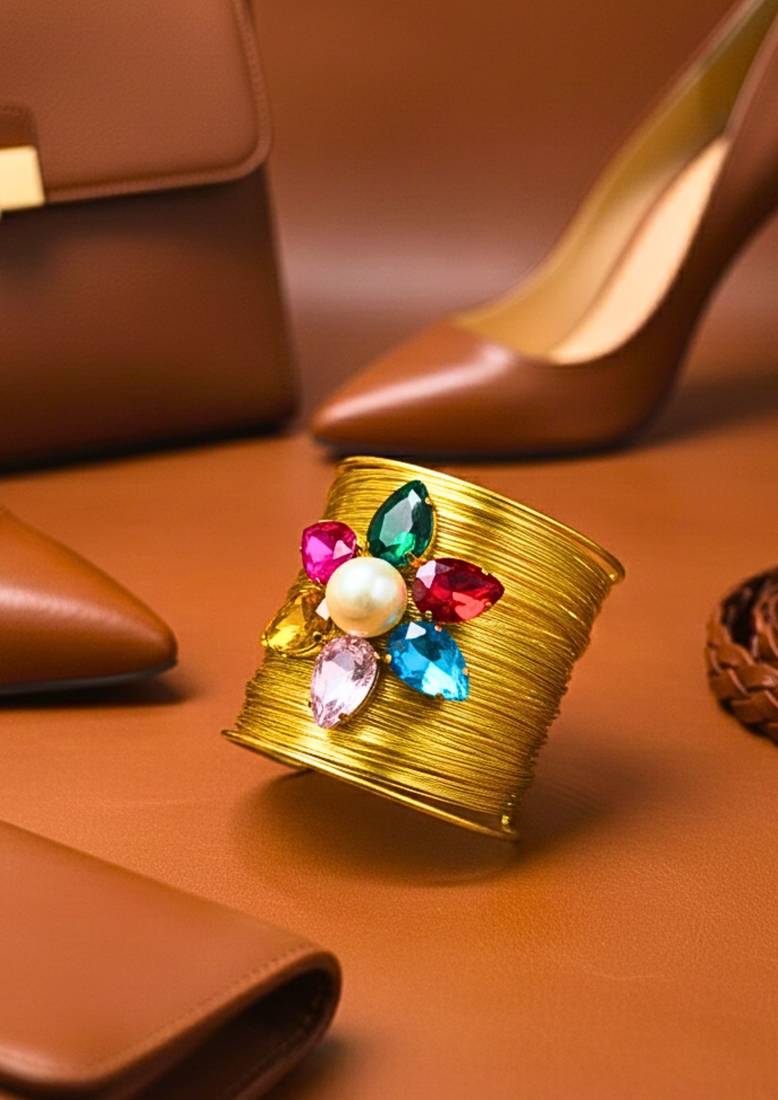 combo of two multi crystal cz ad stone floral cuff bangle bracelets