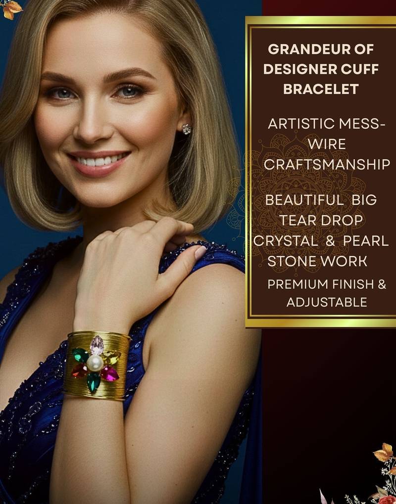 combo of two multi crystal cz ad stone floral cuff bangle bracelets