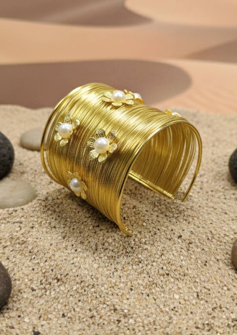 combo of two white crystal cz ad stone gold-plated western cuff bangle bracelet