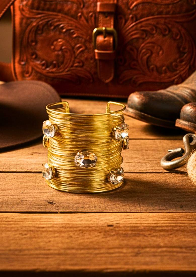 white crystal cz  ad stone gold-plated fancy western cuff bangle bracelet