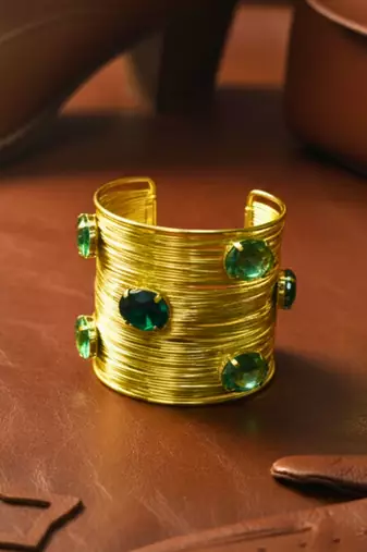 green crystal cz ad stone gold-plated fancy western cuff bangle bracelet