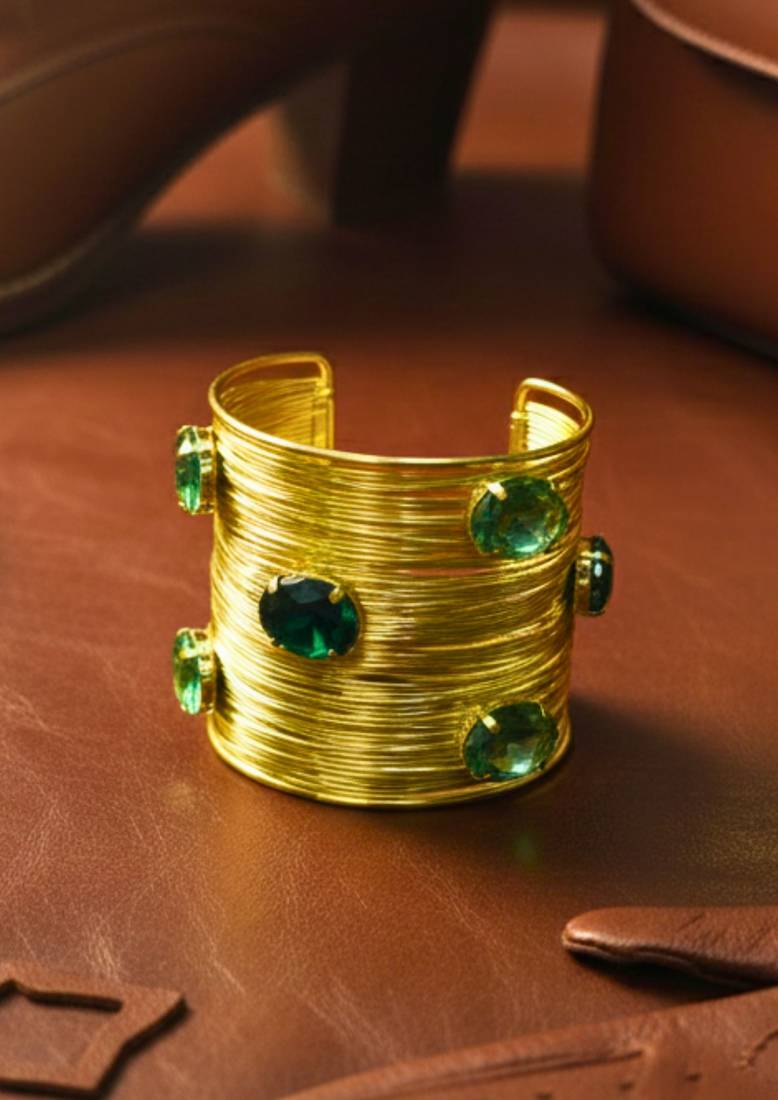 green crystal cz ad stone gold-plated fancy western cuff bangle bracelet