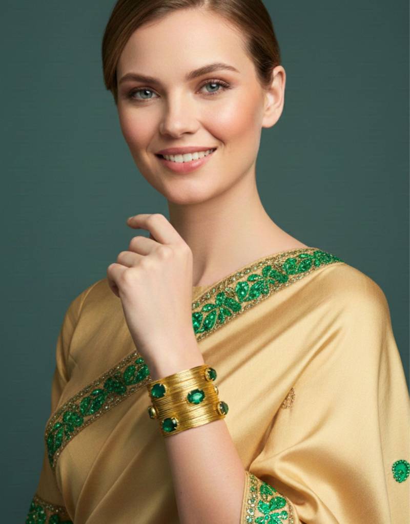 combo of two green crystal cz ad stone gold-plated western cuff bangle bracelet