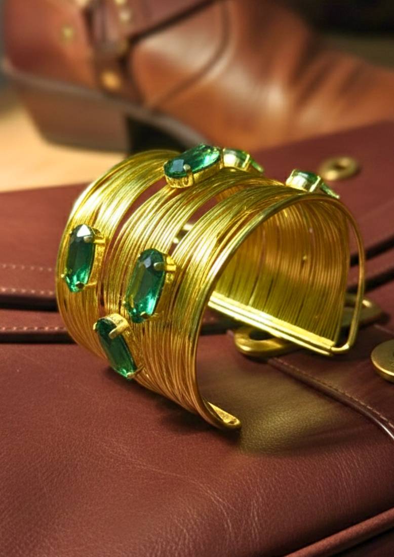 combo of two green crystal cz ad stone gold-plated western cuff bangle bracelet