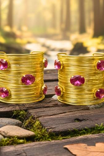 combo of two hot pink crystal cz ad stone gold-plated western cuff bangle bracelet