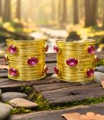 combo of two hot pink crystal cz ad stone gold-plated western cuff bangle bracelet