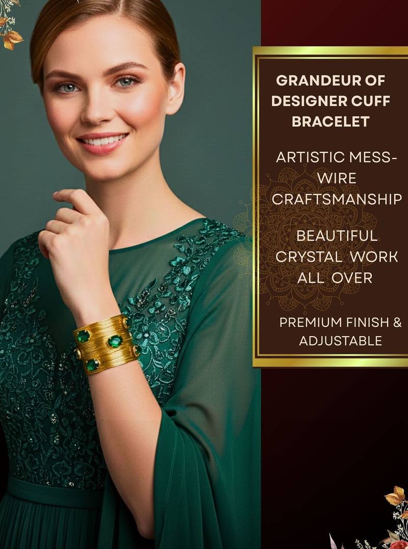 combo of two green crystal cz ad stone gold-plated western cuff bangle bracelet