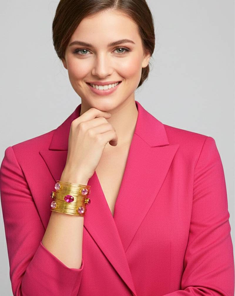 combo of two hot pink crystal cz ad stone gold-plated western cuff bangle bracelet