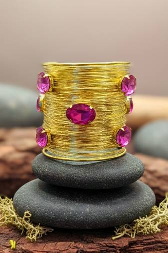 hot pink crystal cz ad stone gold-plated fancy western cuff bangle bracelet