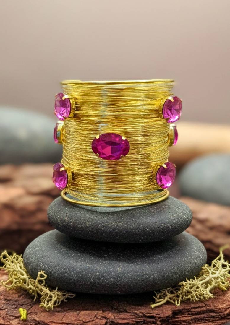 hot pink crystal cz ad stone gold-plated fancy western cuff bangle bracelet