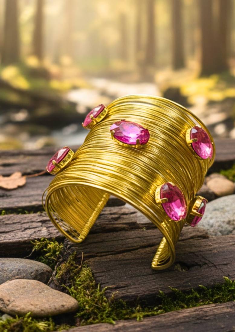 combo of two hot pink crystal cz ad stone gold-plated western cuff bangle bracelet