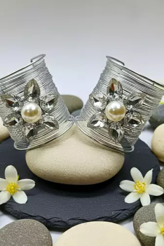 combo of two white crystal cz ad stone rhodium-plated floral cuff bangle bracelet