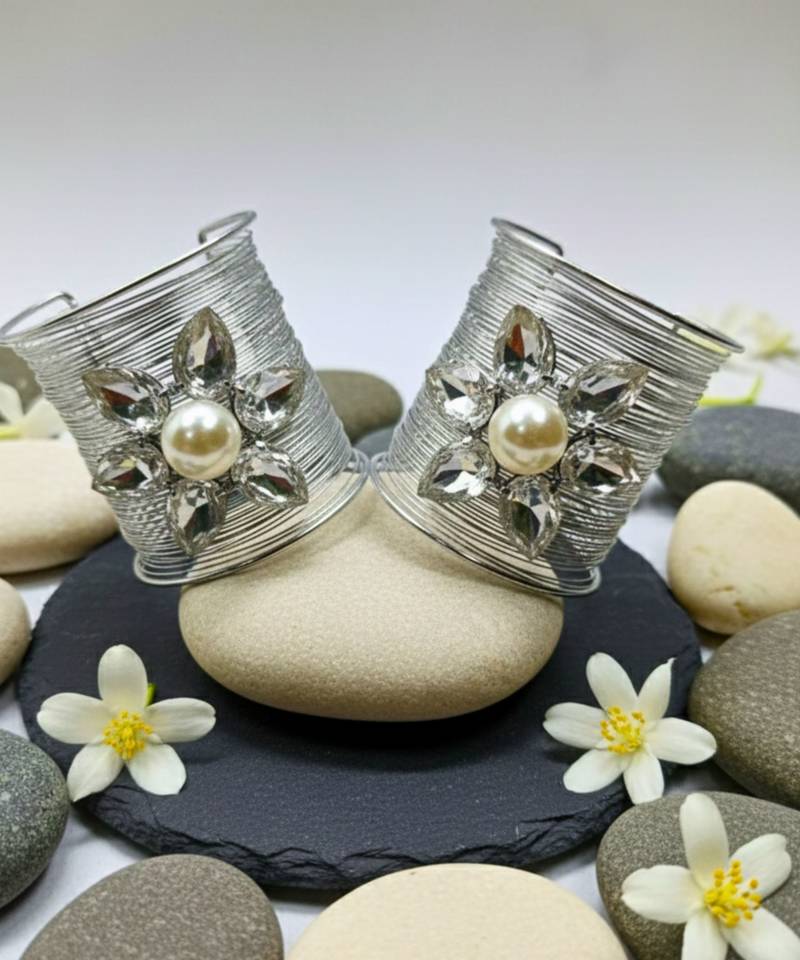 combo of two white crystal cz ad stone rhodium-plated floral cuff bangle bracelet