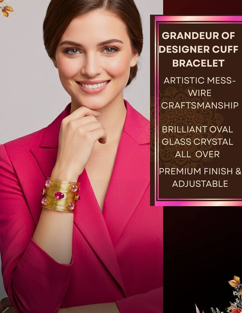 combo of two hot pink crystal cz ad stone gold-plated western cuff bangle bracelet