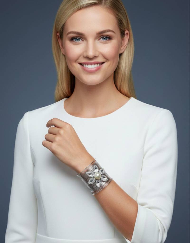 white crystal cz  ad stone rhodium-plated fancy floral cuff bangle bracelet
