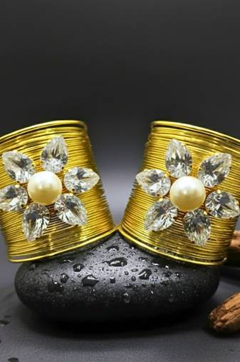 combo of two white crystal cz ad stone gold-plated floral cuff bangle bracelet