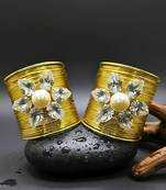 combo of two white crystal cz ad stone gold-plated floral cuff bangle bracelet