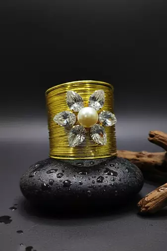white crystal cz  ad stone gold-plated fancy floral cuff bangle bracelet