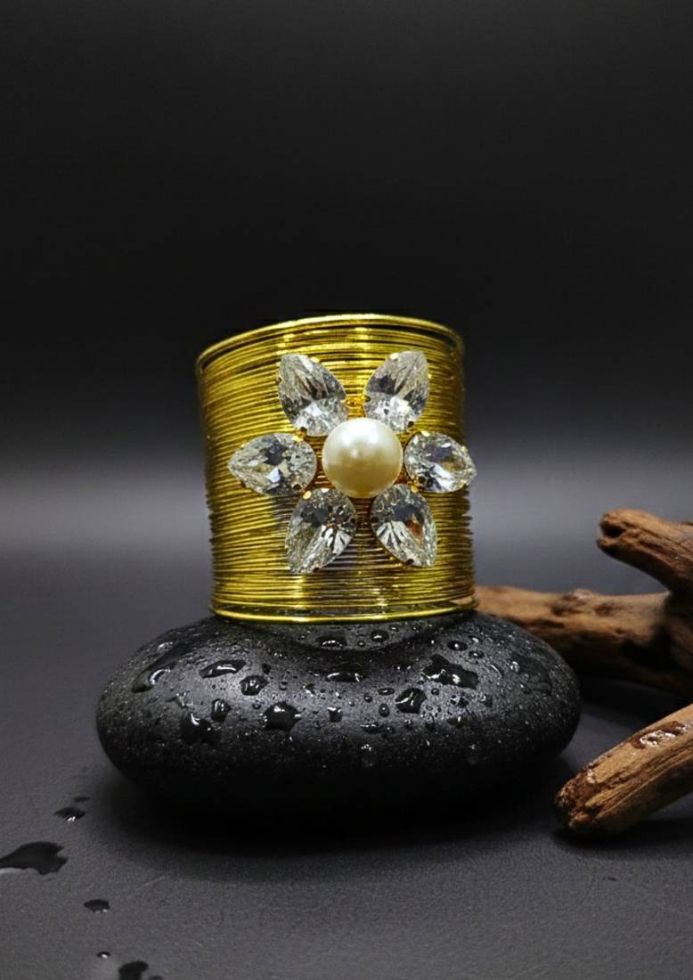 white crystal cz  ad stone gold-plated fancy floral cuff bangle bracelet