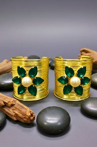 combo of two green crystal cz ad stone gold-plated floral cuff bangle bracelet